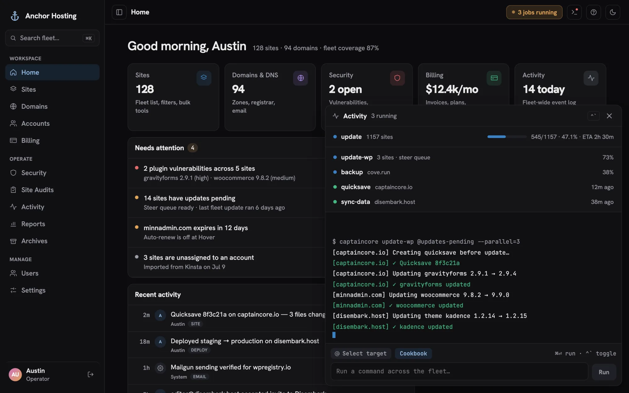 The activity dock streaming an update-wp run across several sites