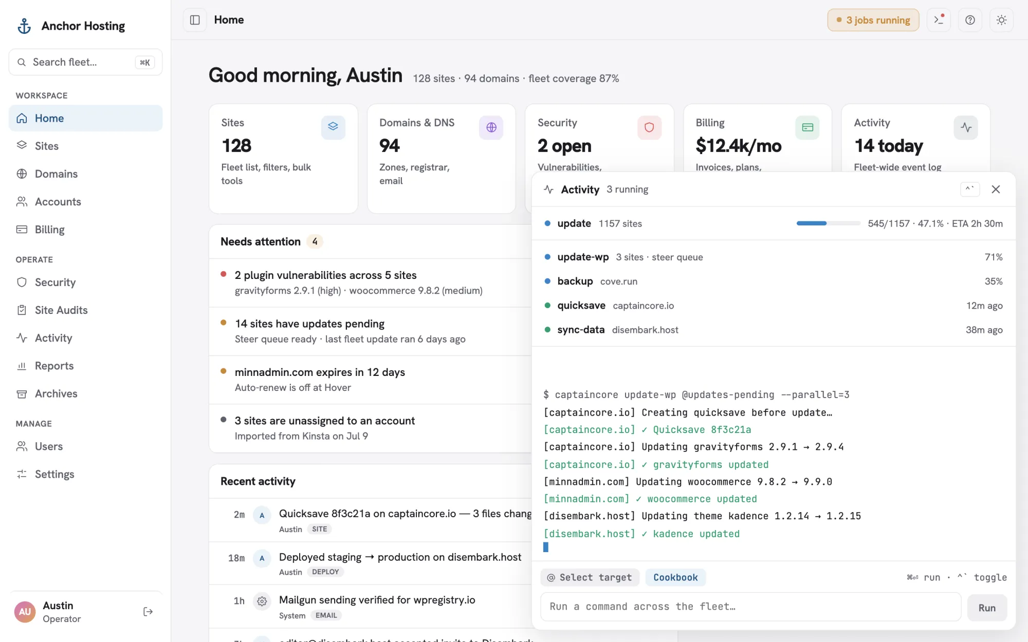 The activity dock streaming an update-wp run across several sites