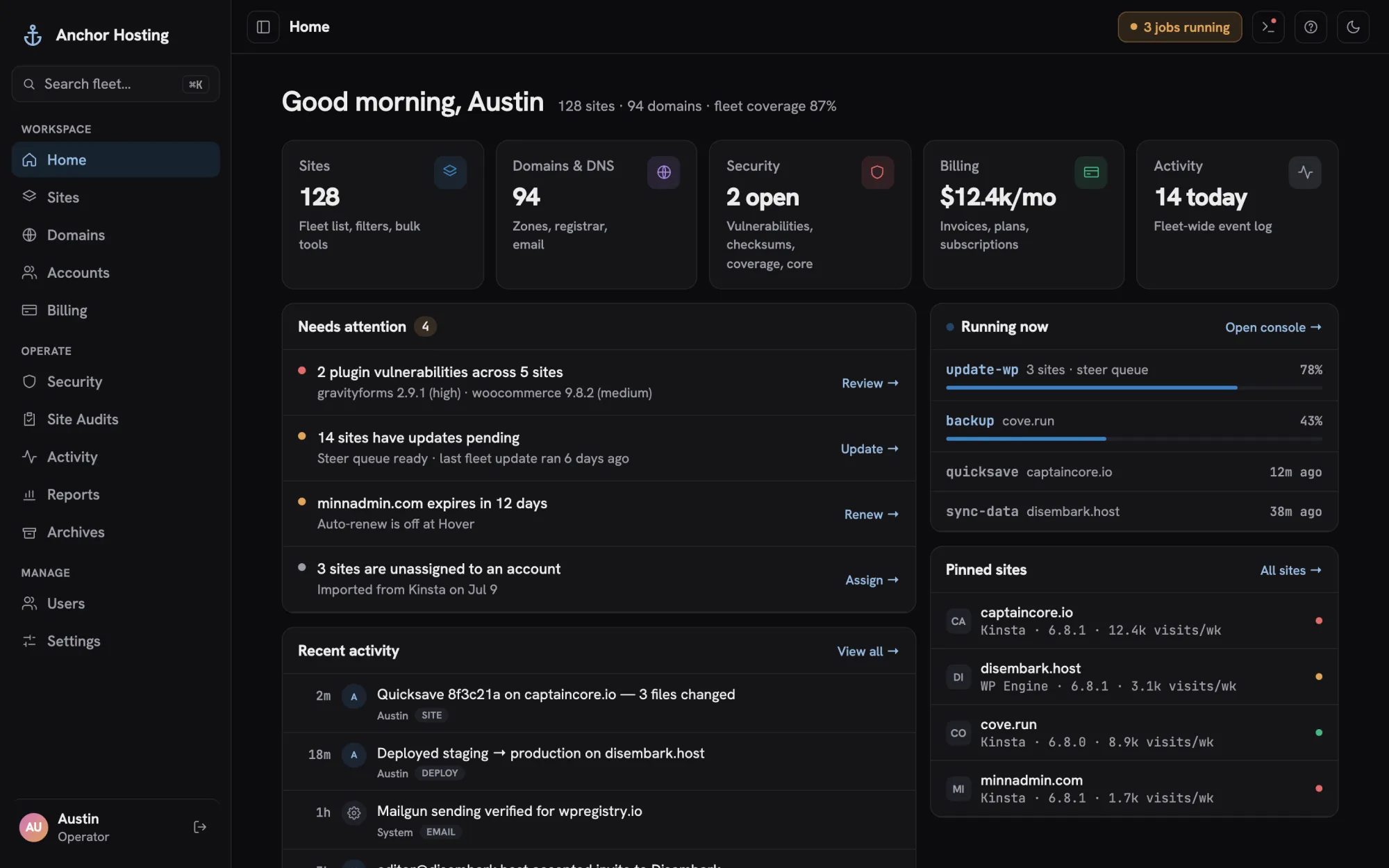 CaptainCore Manager home: fleet counts, needs-attention list, running jobs and pinned sites