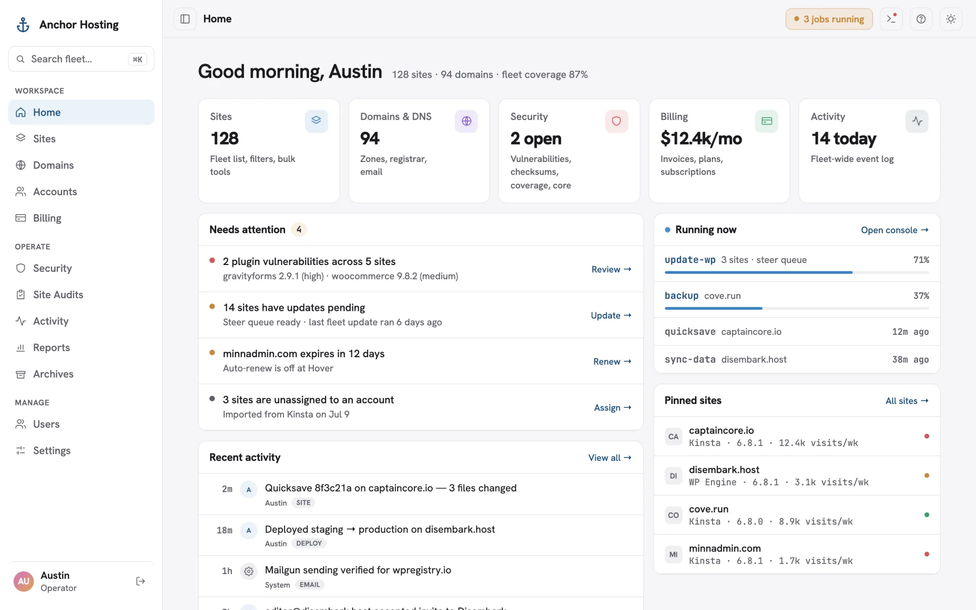 CaptainCore Manager home: fleet counts, needs-attention list, running jobs and pinned sites