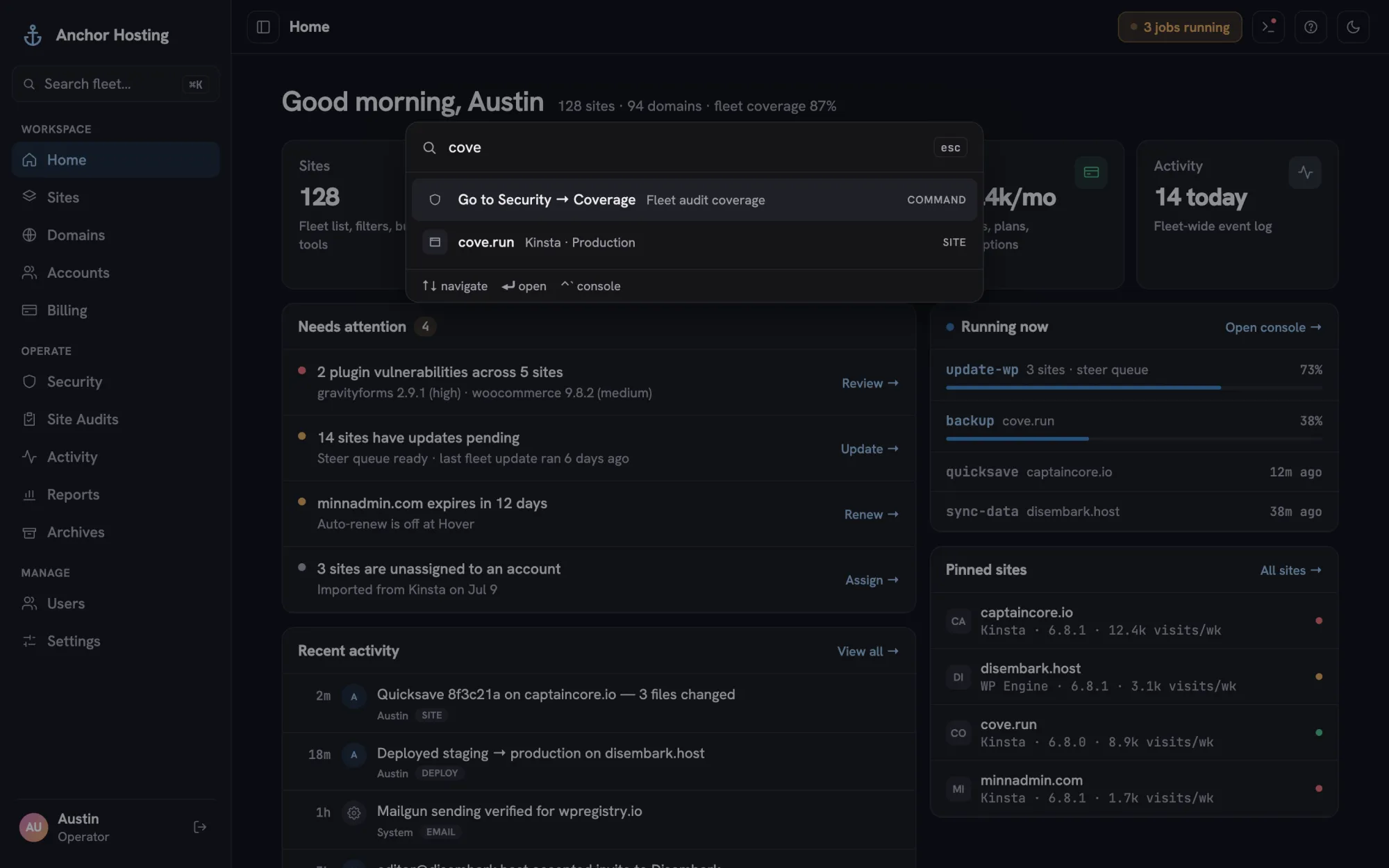 The command palette searching sites by name