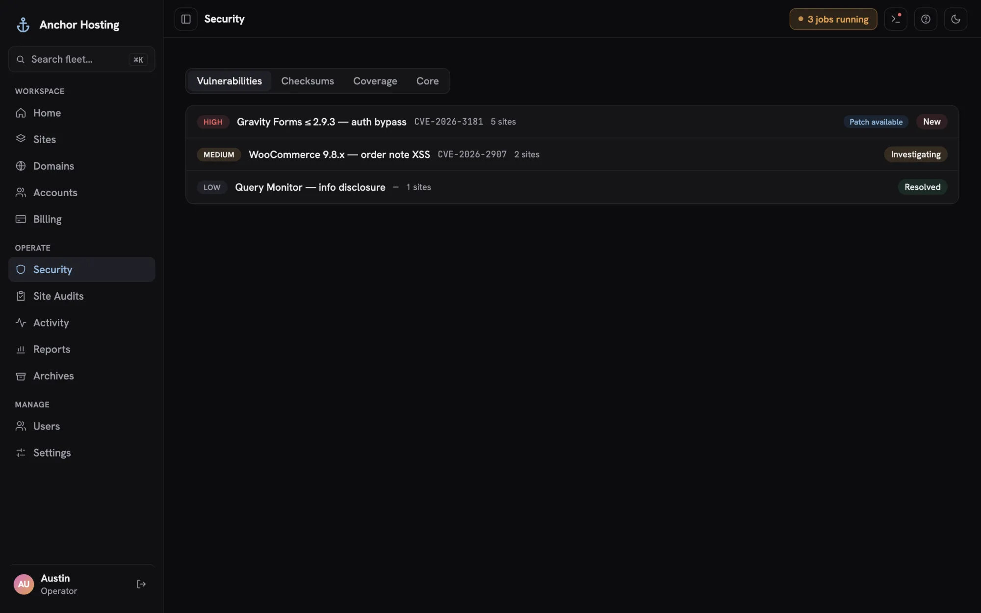 Security page listing vulnerabilities by severity with affected site counts