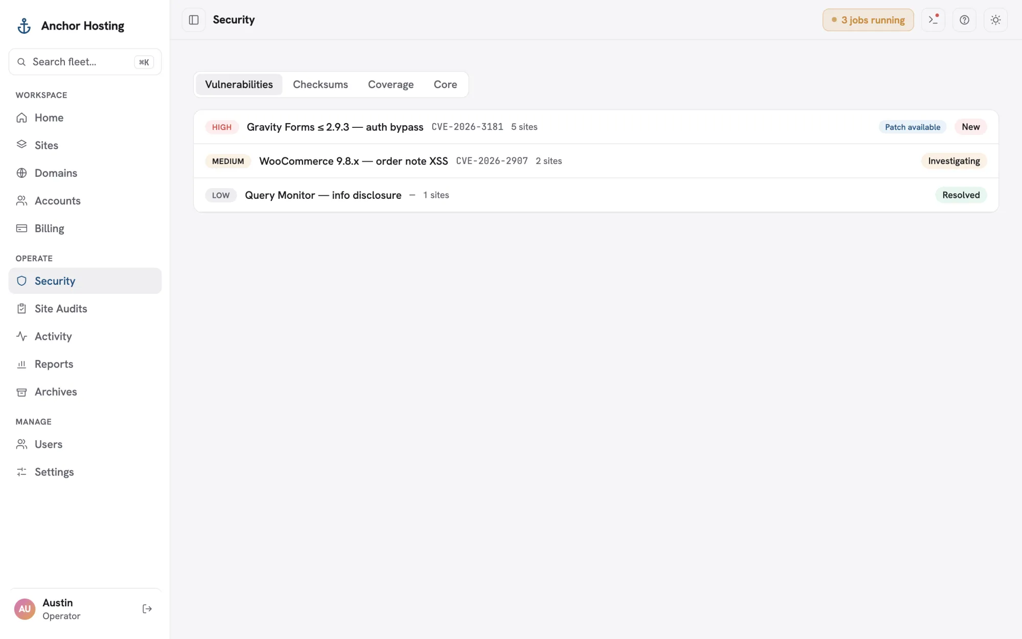 Security page listing vulnerabilities by severity with affected site counts