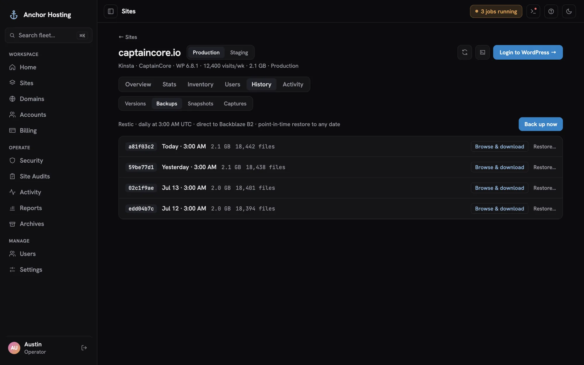 Site backups tab listing restic snapshots with browse, download and restore