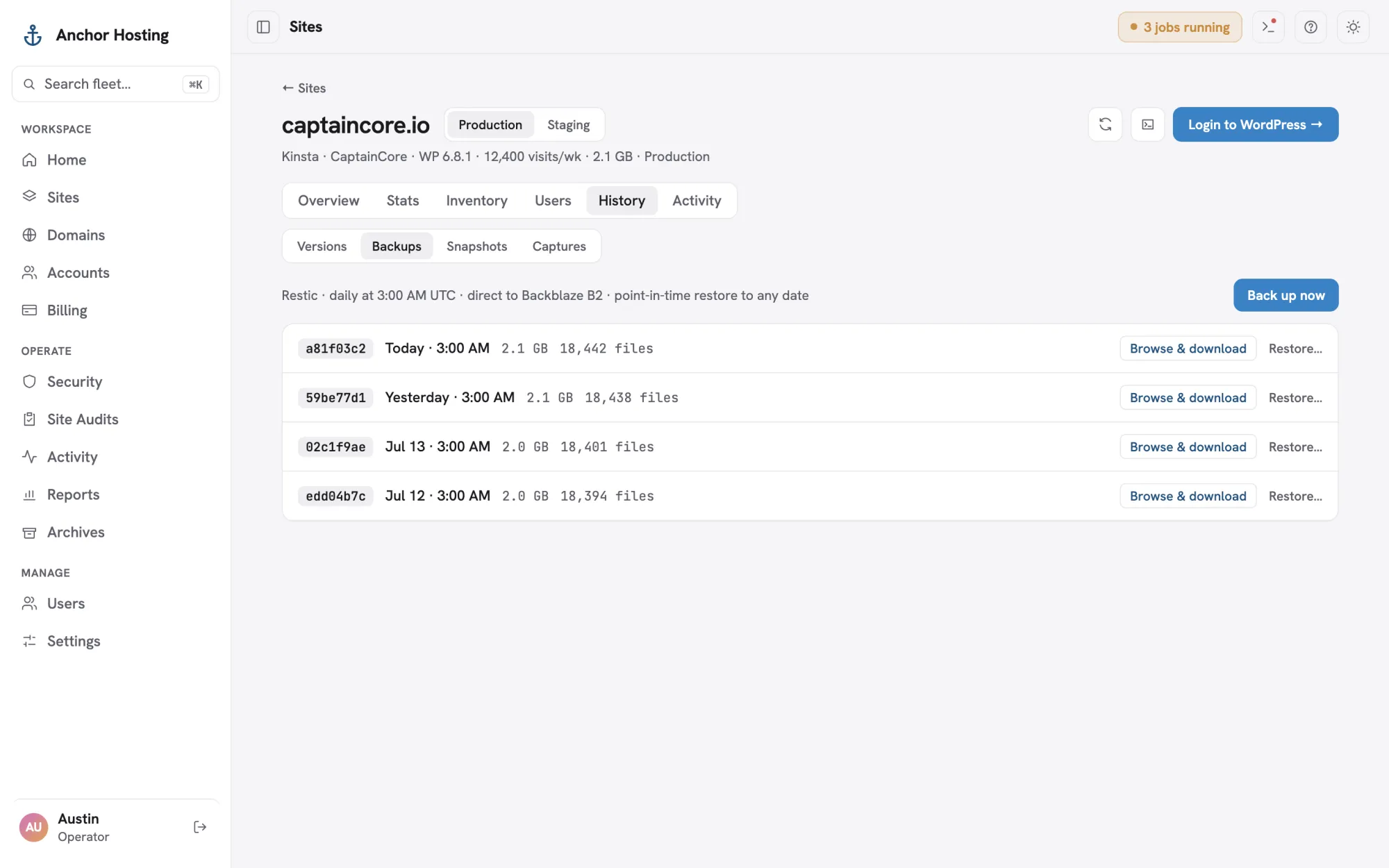 Site backups tab listing restic snapshots with browse, download and restore