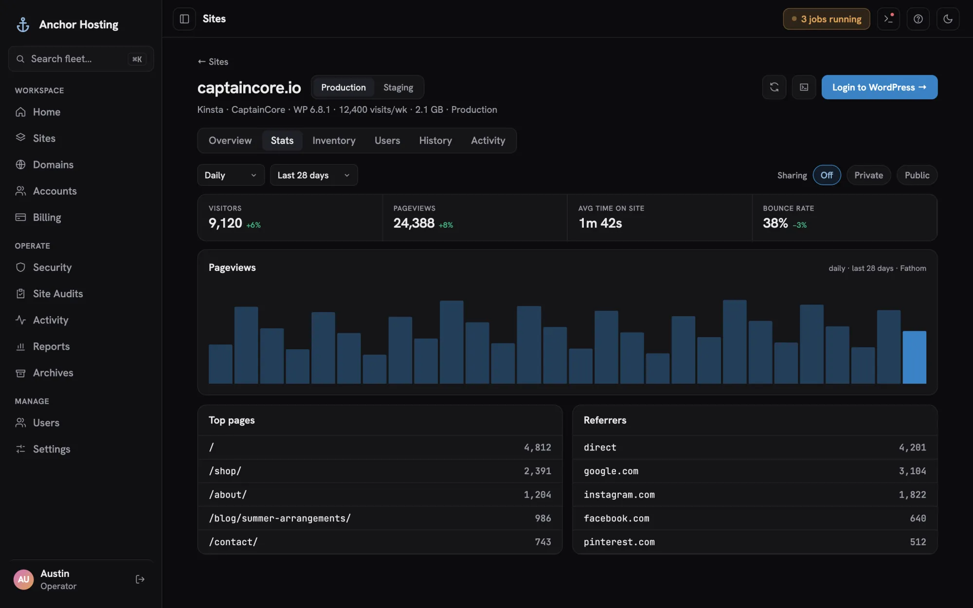 Site stats tab with a pageviews chart, top pages and referrers