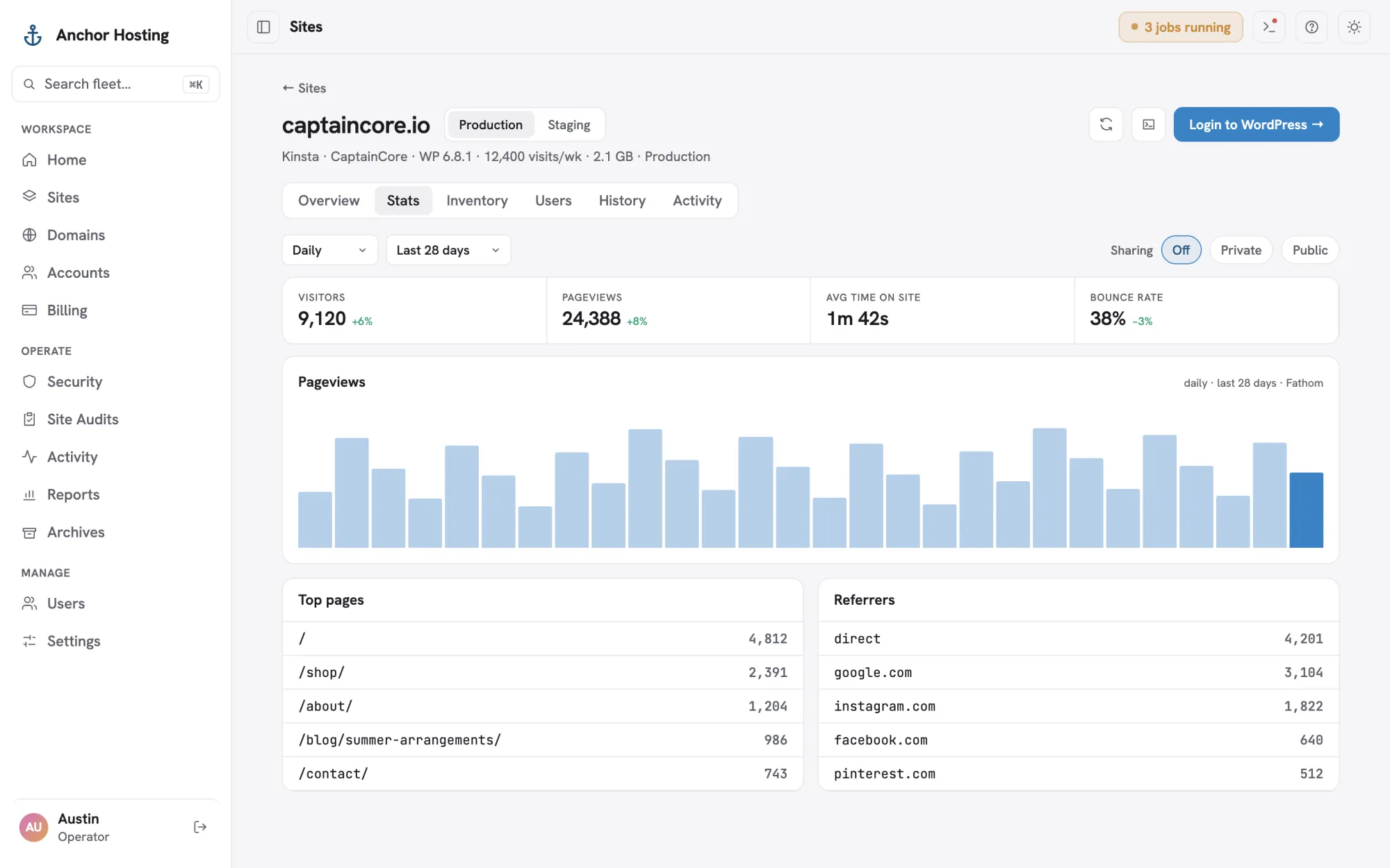 Site stats tab with a pageviews chart, top pages and referrers