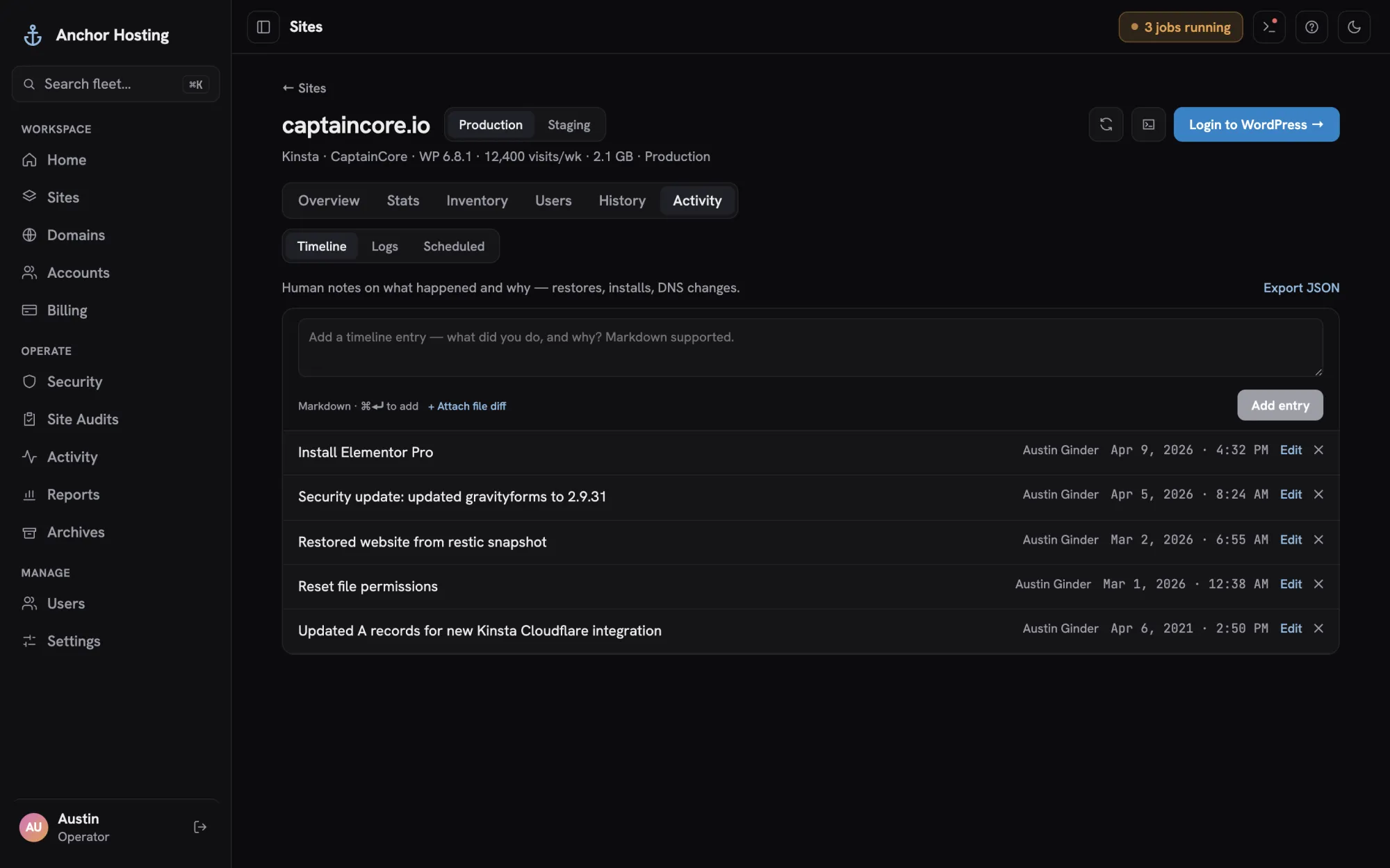 Site timeline with human notes on what happened and why