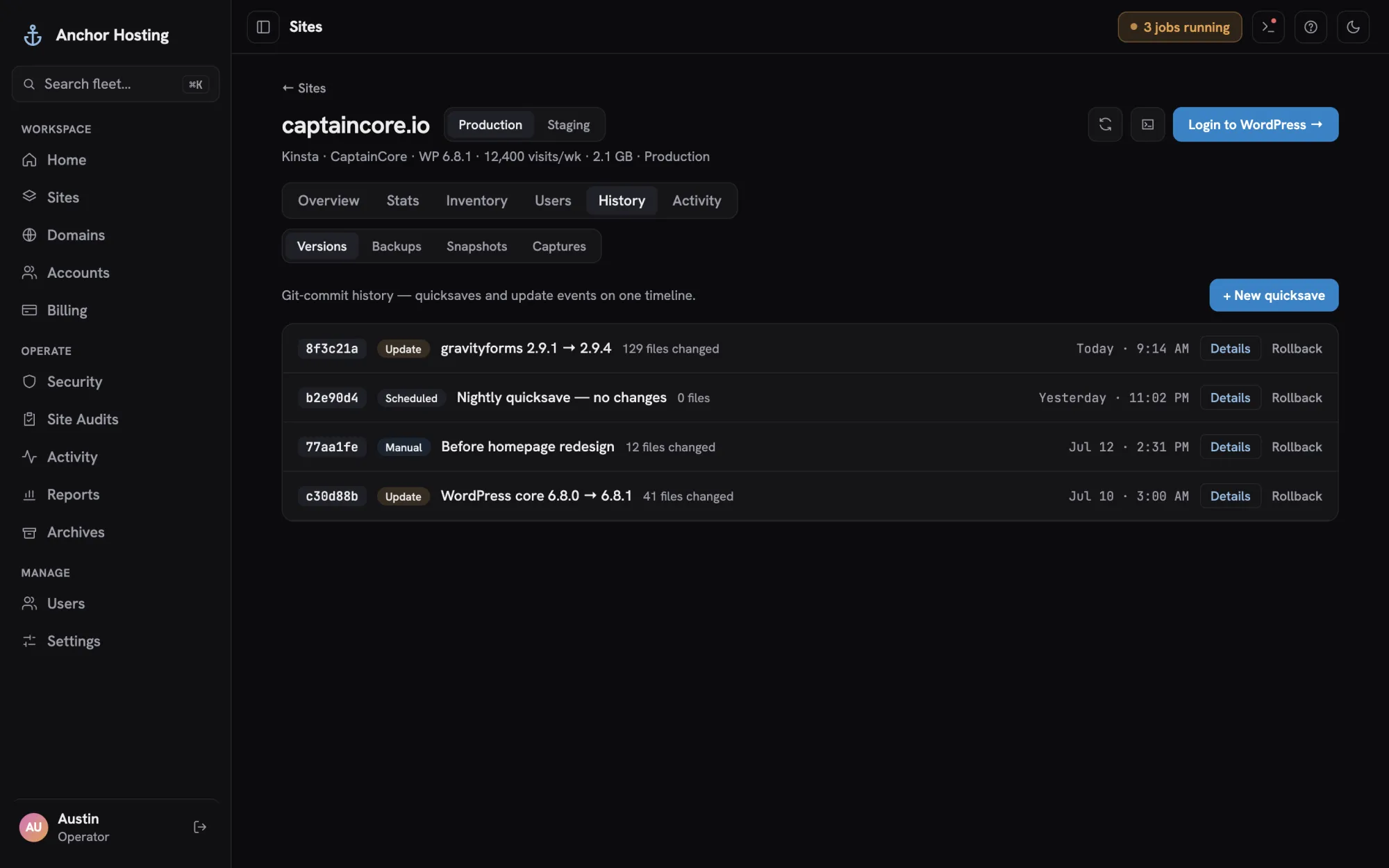 Site versions tab showing git-style quicksave history with rollback links