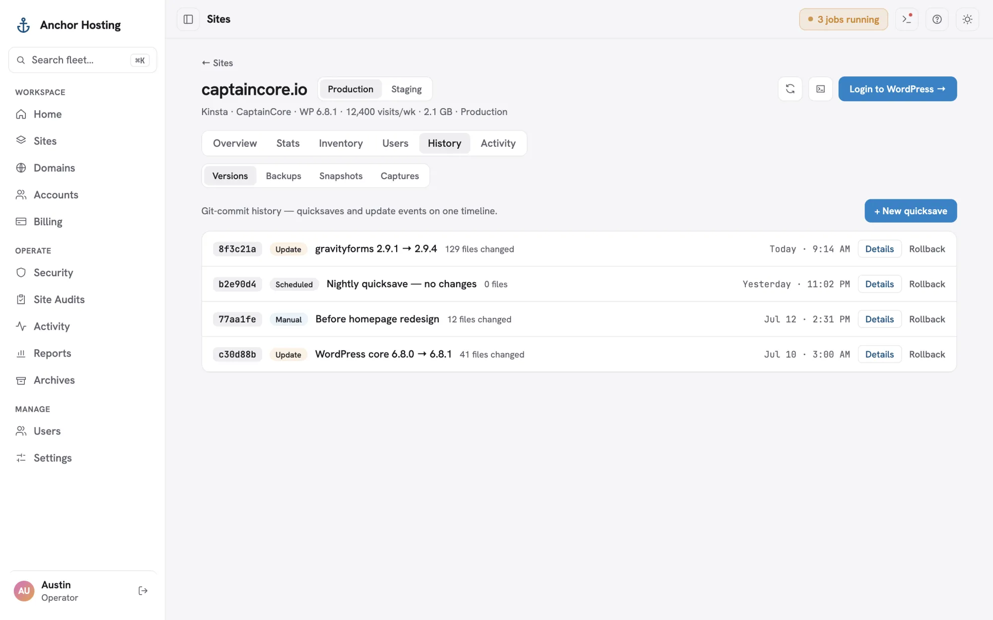 Site versions tab showing git-style quicksave history with rollback links