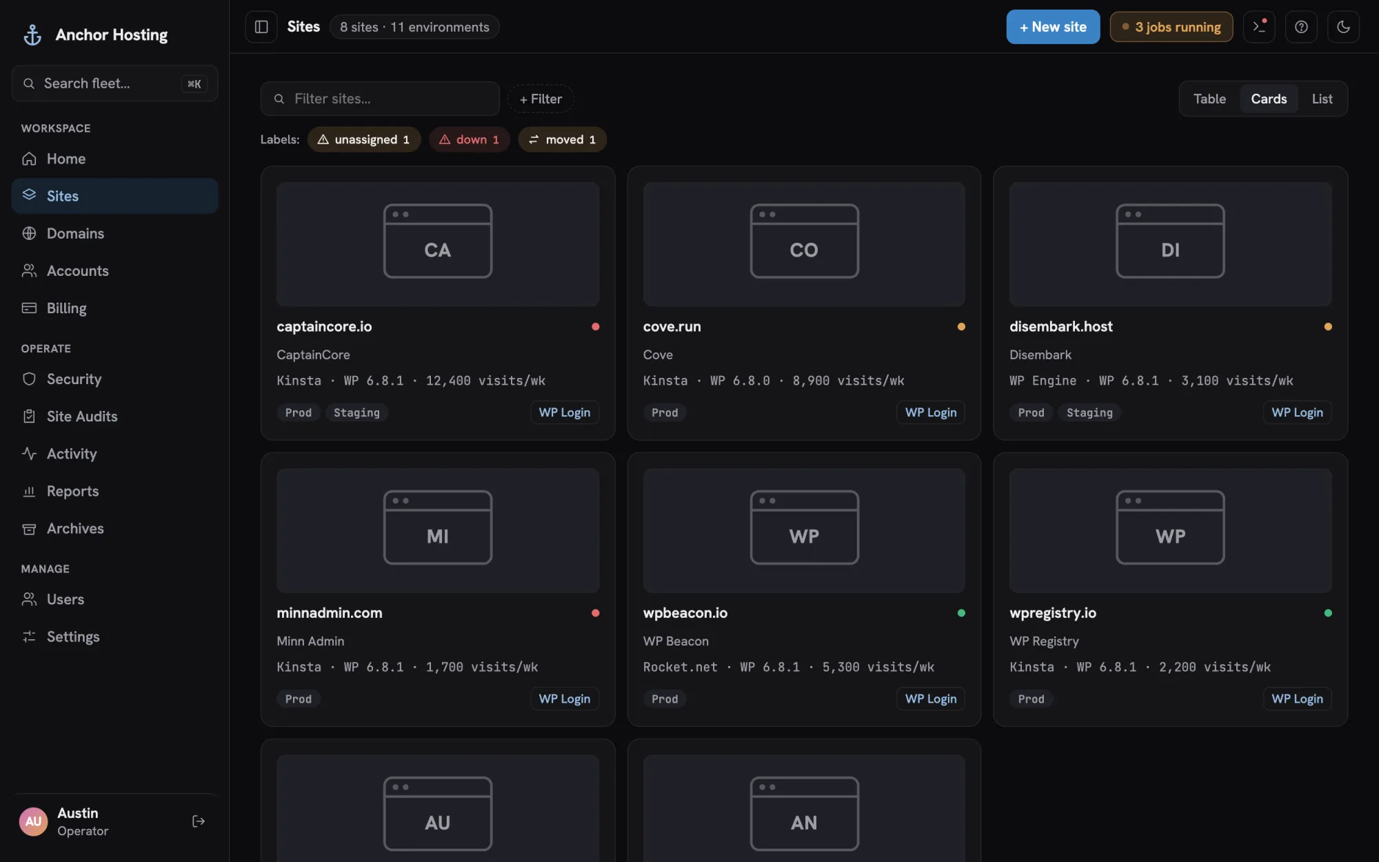The Sites list in card view with a screenshot thumbnail per site