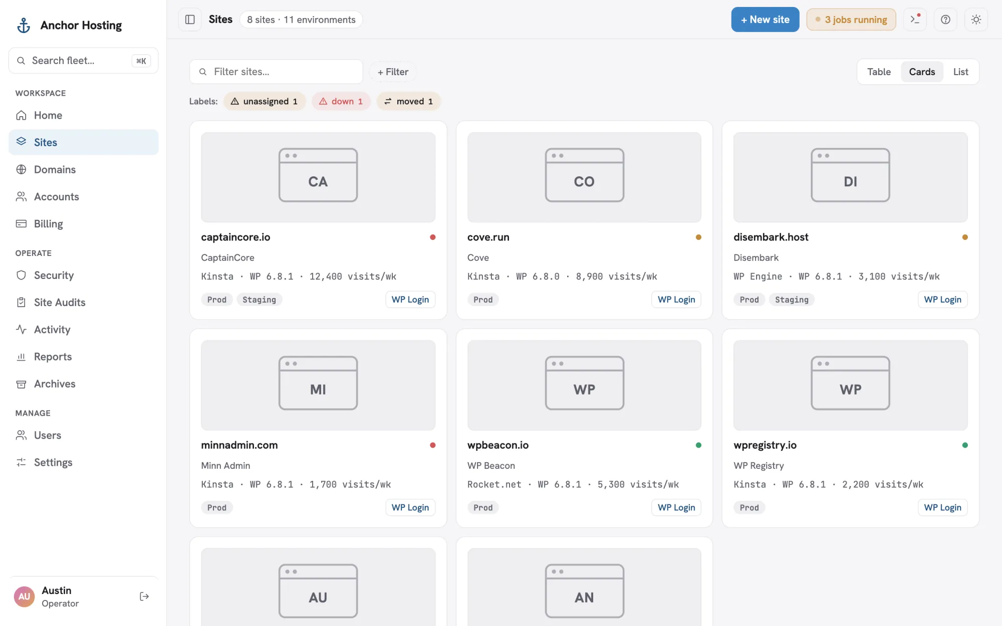 The Sites list in card view with a screenshot thumbnail per site
